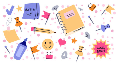 Pin icon. Tack pointer, thumbtack on corkboard and paperboard. Flat button, head flag attachment. Clip for map. Office sticker graphic. School stationery. Vector doodle isolated planner supplies set