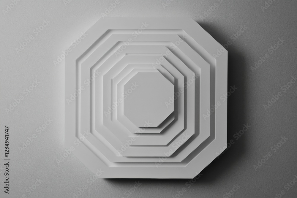 Poster artistic layered design in white tones creates a striking geometric visual on a gray wall. generativ