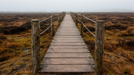 Misty boardwalk path through moorland