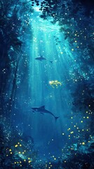 Dolphins Swim Beneath An Underwater Forest Of Light