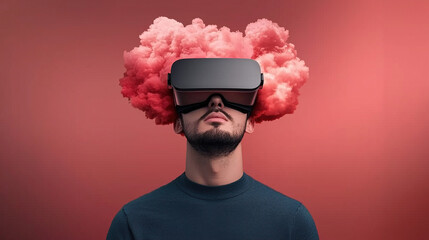 man wearing virtual reality goggles stands against red background with cloud of pink smoke emerging from headset, symbolizing creativity and imagination