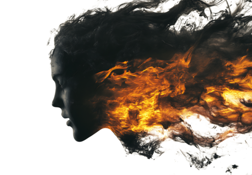 Abstract art of a woman's face engulfed in flames.
