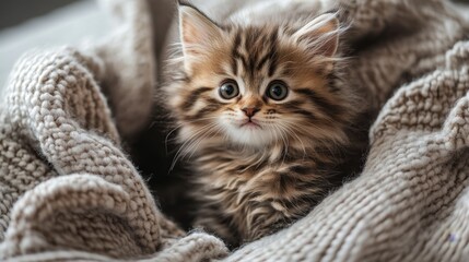 Fluffy Kitten with Little Wagging Tail Sitting in Cozy Blanket