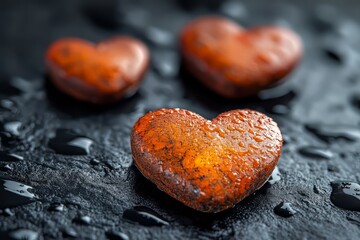 Three Orange Heart-Shaped Stones, Wet And Glistening, Rest On A Dark, Textured Surface.  A Romantic, Peaceful Scene.