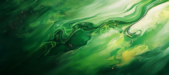 Abstract Green and Gold Fluid Acrylic Pour Painting with Swirling Marble Effect