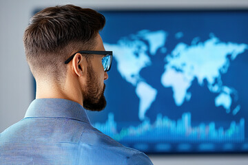 man in glasses analyzes global data on digital screen displaying world map and graphs, reflecting focus on international business insights