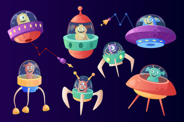 Funny cartoon alien. Space character in spaceship. Arcade game. Cute galactic UFO flying saucer. Universe shuttle. Extraterritorial astronauts invasion. Galaxy spacecraft. Vector cosmic garish set