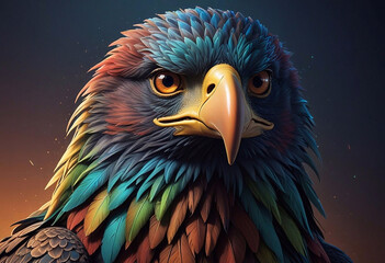 Fototapeta premium Detailed close-up of an eagle with vibrant blue, green and orange feathers