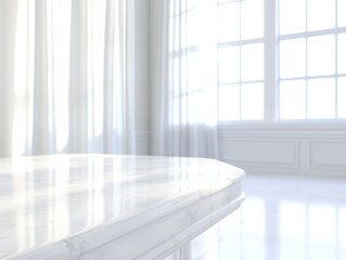 A light and elegant modern bathroom interior featuring white marble surfaces, with soft natural light streaming through large windows.