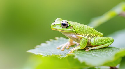 Fototapeta premium Green tree frog on leaf, lush background, nature photography, wildlife