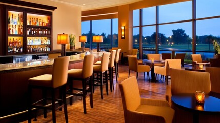 Elegant bar interior at dusk with illuminated shelves, cozy seating, and scenic outdoor view
