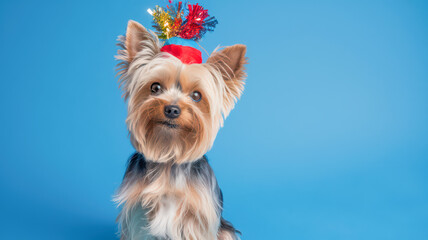 Naklejka premium Yorkshire Terrier in festive attire against a blue backdrop.