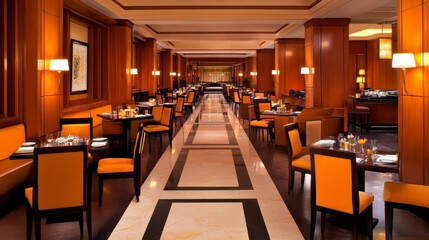 Elegant restaurant interior featuring wooden decor, orange seating, and a spacious dining area