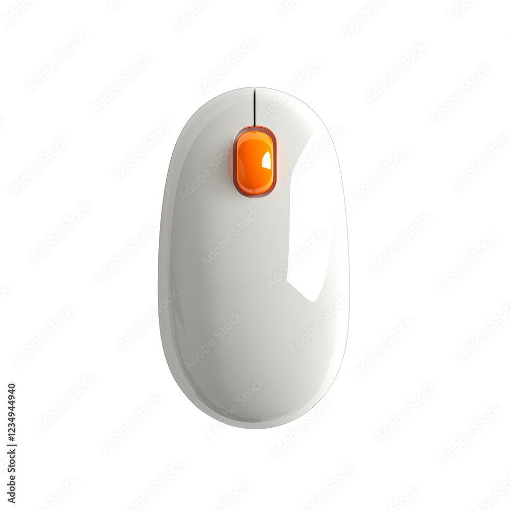 Poster a close-up image shows a white computer mouse featuring a single bright orange button.