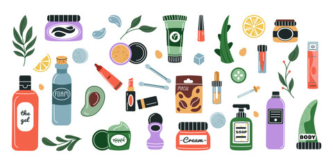 Product skincare. Beauty skin care lotion, organic shampoo. Flat doodle spa icon, bottle, oil, toothpaste. Eco-friendly body collection. Bathroom natural soap, Vector tidy cartoon isolated minimal set