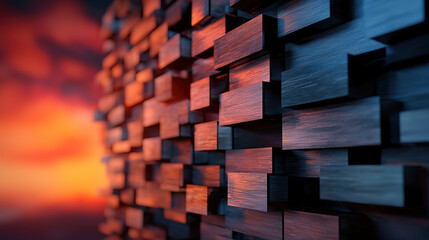 close up of textured wall with wooden blocks, illuminated by warm sunset light, creating dramatic and artistic effect. interplay of light and shadow enhances depth and texture of surface
