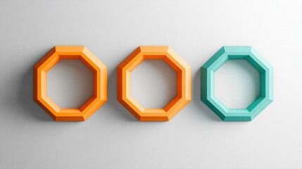 Fototapeta premium Three colorful octagonal shapes arranged on a white background highlighting modern design aesthetics and form. Generative AI
