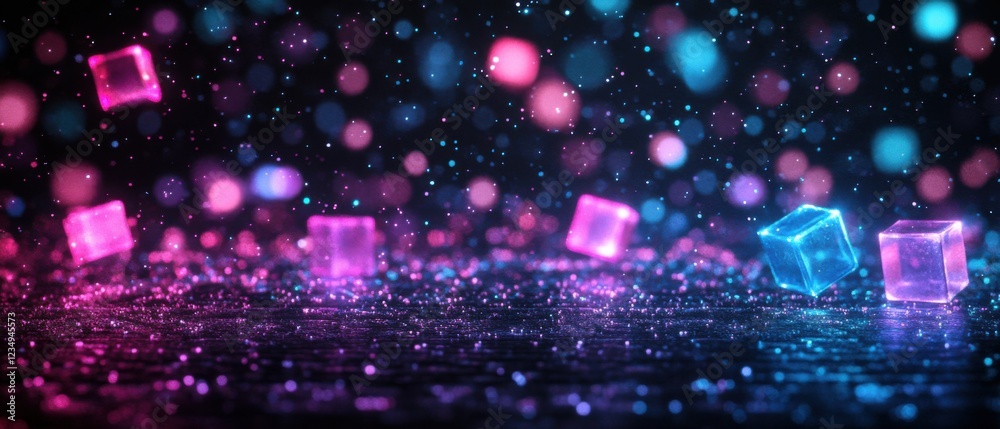Wall mural abstract glowing cubes floating in a dark space with bokeh lights, creating a futuristic and magical