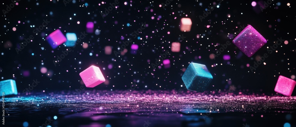 Wall mural abstract 3d rendering of floating colorful cubes with glitter and bokeh effect on a dark background,