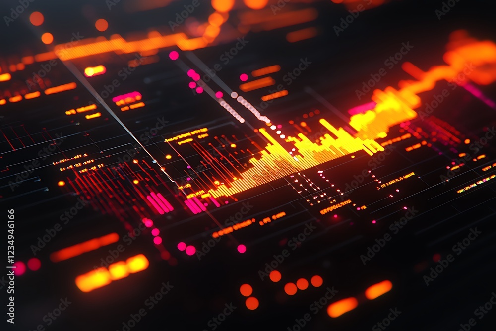 Poster abstract digital interface with glowing orange and red data streams and graphs.