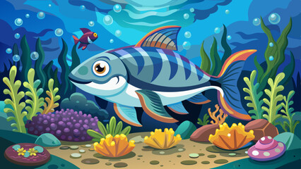 Naklejka premium Colorful illustration of a tropical fish swimming in a vibrant underwater environment with coral, plants, bubbles, and a smaller fish in the background