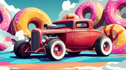Red hot rod among giant donuts a sweet ride