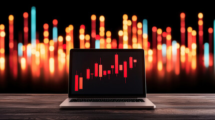 laptop displaying stock market chart with glowing red and orange bars in background, symbolizing financial data analysis and trading insights