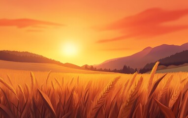 Obraz premium Serene sunset over golden wheat fields with distant mountains, creating a tranquil rural landscape
