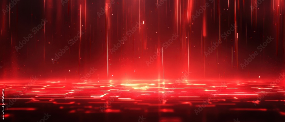 Poster abstract red futuristic background with glowing lines and particles, creating a digital cyberspace o