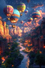 Hot Air Balloons Soar Over Canyon River at Night