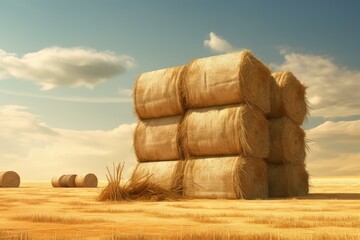 Round hay bales creating a large stack in a harvested field, symbolizing successful agriculture and rural landscapes