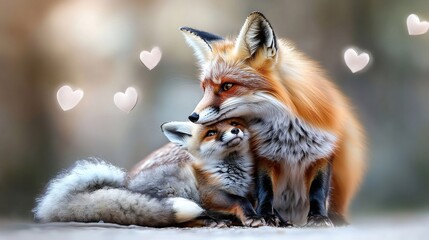 Obraz premium Tender Fox Family Embrace: A Heartwarming Wildlife Painting
