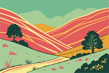 Colorful abstract landscape, Layered mountains, Vibrant paper cutout style, Collage art, Geometric shapes, Organic forms, Teal sky, Golden hills, Orange and pink terrain, Green grass texture, Surreal 