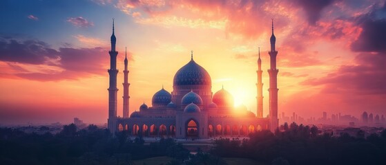 Fototapeta premium A Majestic Mosque Silhouetted Against A Vibrant Sunset, City Skyline In The Background. Peaceful And Serene Atmosphere.