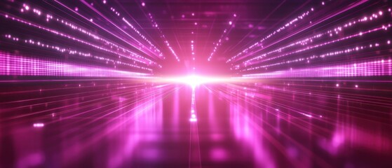 Fototapeta premium Abstract pink light streaks with glowing particles and bright center, creating a futuristic digital data stream or network concept