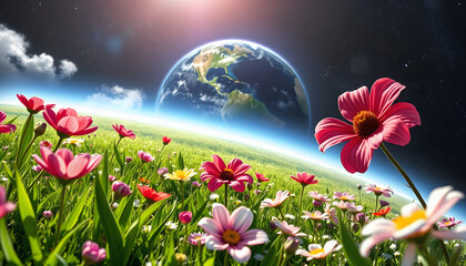 Fototapeta premium Planet earth and flowers. Spring has come to planet, colorful, with white tones