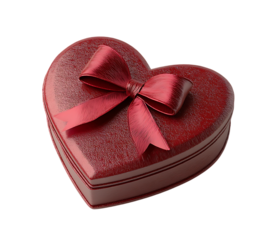 Red heart shaped gift box with a red ribbon.