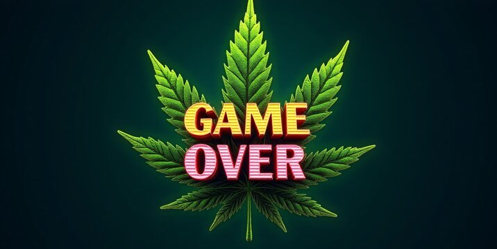 A marijuana leaf with "Game Over" text integrated in pixelated typography. Retro graphics, neon lighting, and glitch effects create a fusion of nature and arcade nostalgia.