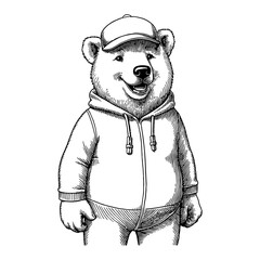 Smiling Polar Bear with Cap and Hoodie Detailed Black and White Outline Line Art Drawing