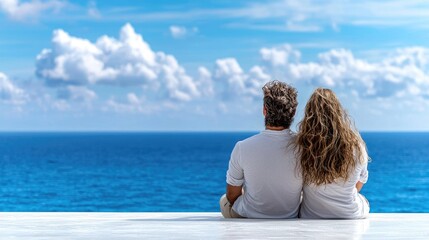 Fototapeta premium Loving couple sitting side by side on a white terrace while looking at the calm blue ocean under a bright cloudy sky.