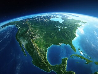A stunning view of North America from space, highlighting its lush landscapes and clear atmosphere under the glow of daylight.