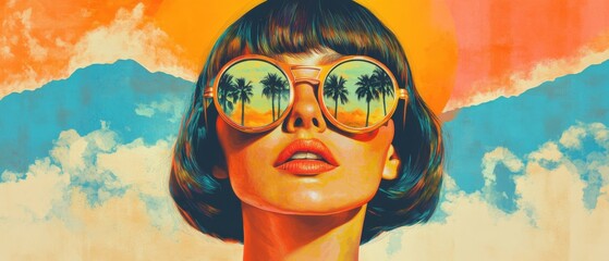 Stylish woman with sunglasses reflecting palm trees and sunset, vibrant summer art with retro feel, concept of travel, vacation, and tropical getaway