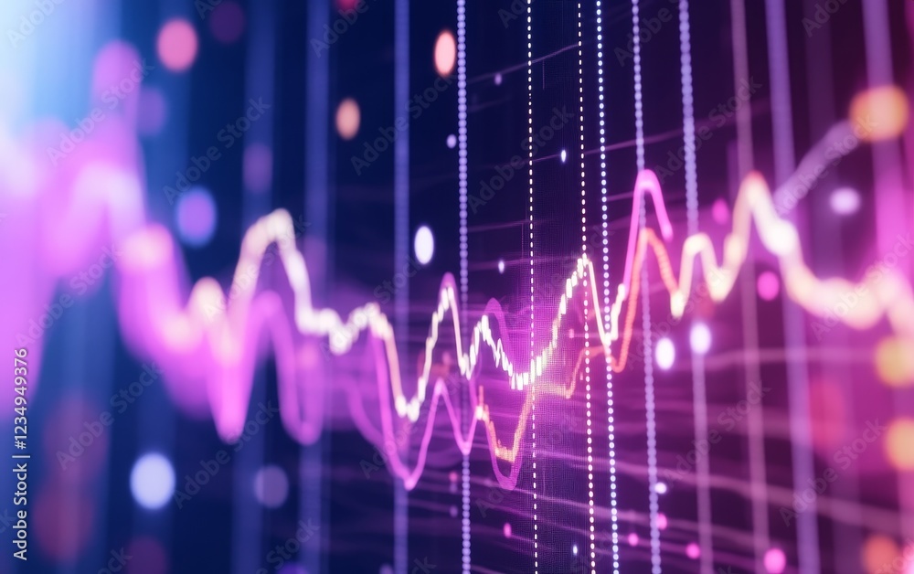 Poster vibrant digital waveform visualization representing data trends with colorful lines and dots
