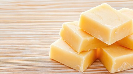 Creamy fudge squares on wooden board. Delicious sweet treat