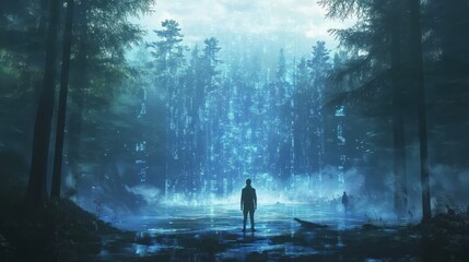 Fototapeta premium Silhouetted figures observe a glowing digital city in a forest