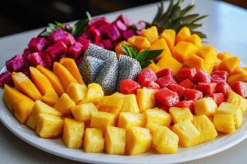 Tropical fruits beautifully arranged on a white plate showcasing vibrant colors and freshness
