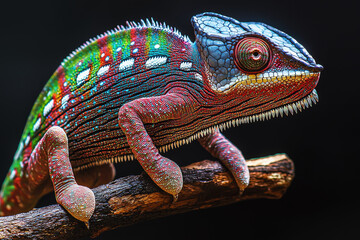 Fototapeta premium Colorful chameleon blending into surroundings while perched on branch in lush habitat