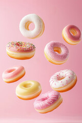 A collection of colorful donuts captured mid-air with a pink background