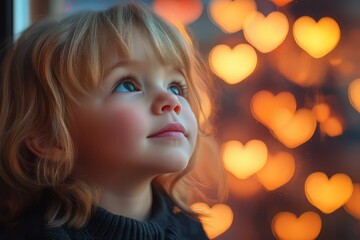 Fototapeta premium A Little Girl Looks Out A Window At Heart-Shaped Lights. She'S Wearing A Dark Sweater And Has Blonde Hair. The Scene Is Warm And Inviting, With A Dreamy, Magical Feel.