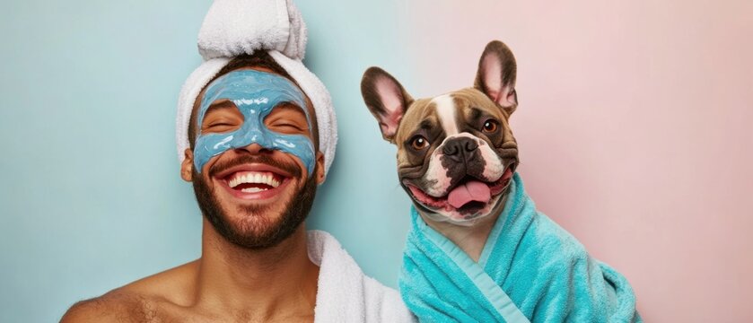 Smiling African American man with blue face mask and towel on head, next to a happy French bulldog wearing a blue bathrobe Concept of selfcare, pet care, and relaxation